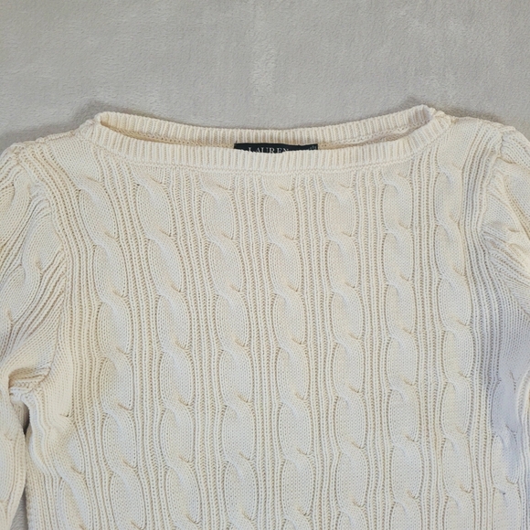 Ralph Lauren Woman's Cream Cable Knit Sweater Medium/Large Boat Neck - Picture 2 of 6